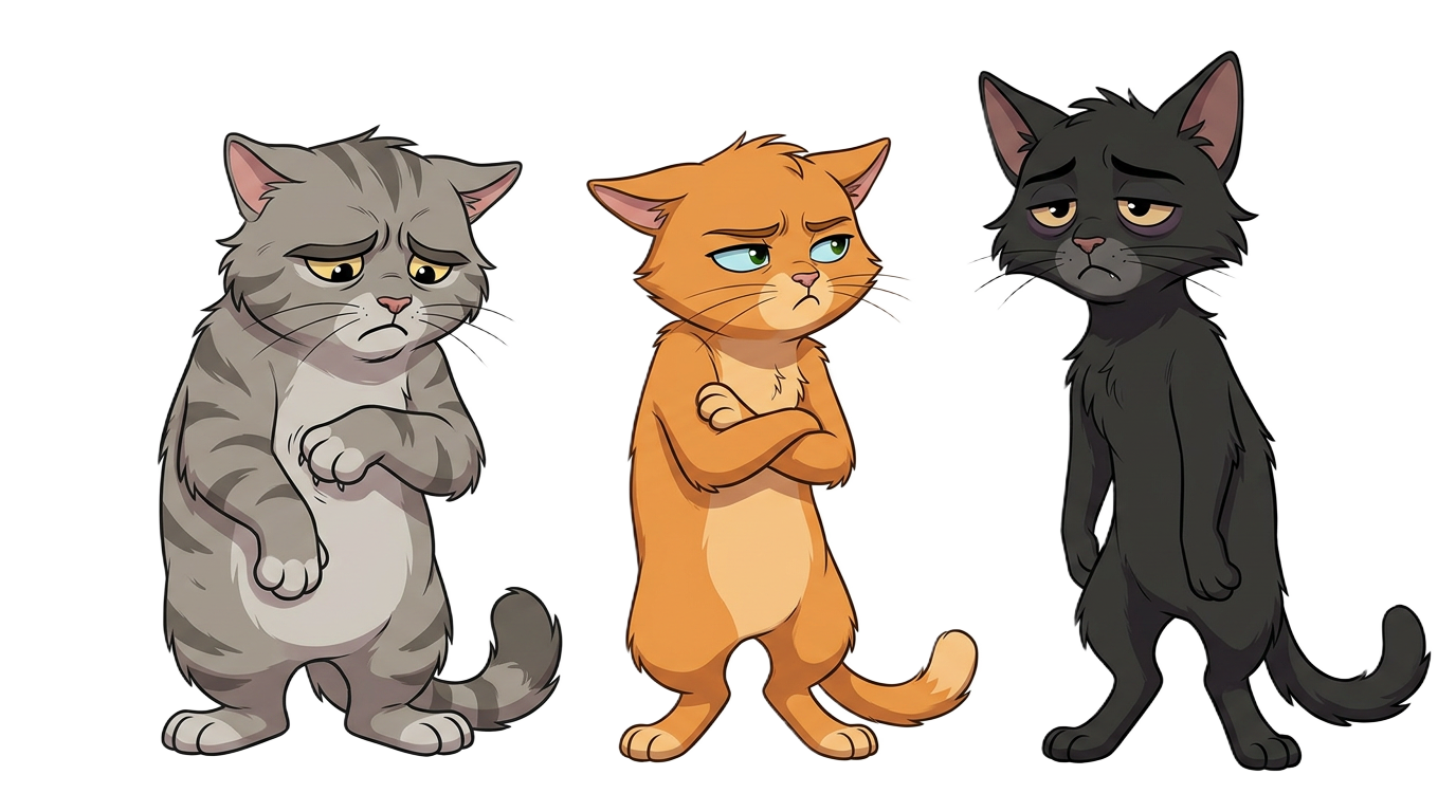 Three sad cartoon boy cats looking confused